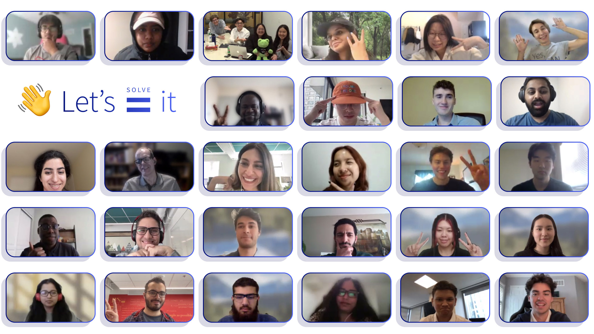 The Let's Solve it Spring 2023 cycle team members group photo on Webex, with the Let's Solve it logo with a waving hand emoji.